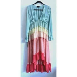 Vici Woman's Tiered Colorful Maxi Dress Size M Ruffled Boho Festival Event Ombre